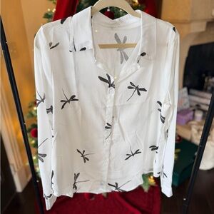 Chic White Dragonfly Print Button Down Shirt